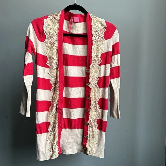 Charlotte Red & Tan Striped Cardigan Sweater with Lace | Cardigan | Stripes - Picture 1 of 7
